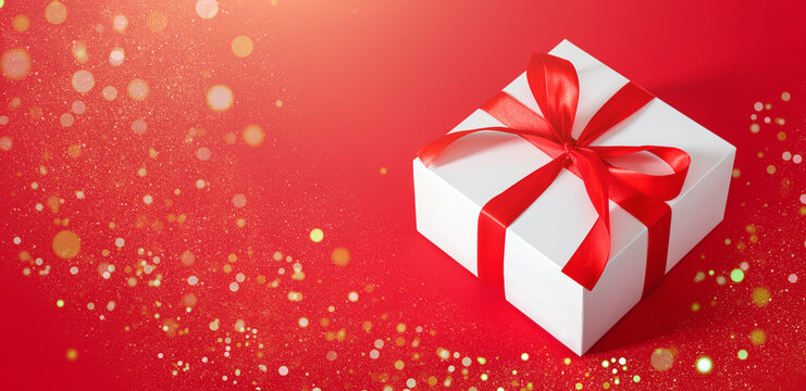 gift white box with red bow christmas background with shimmer bokeh