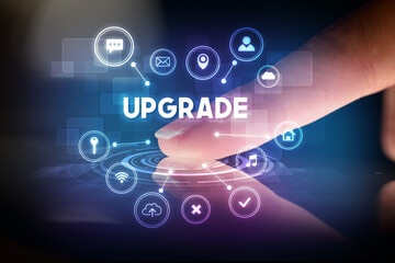 Finger touching tablet with web technology icons concept