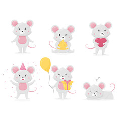 A set of cute mice, in different poses and situations, on a light background.