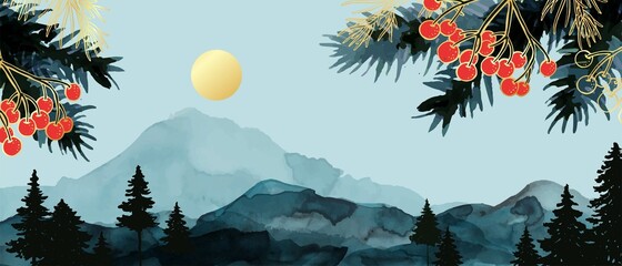 Winter watercolor landscape with hills, mountains, forest. background. Pine branches, red berries, golden sun.