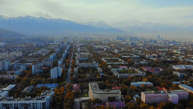 Drone flight over Almaty, beautiful views of the city from the sky.