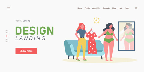 Friends choosing outfit together flat vector illustration. Plump woman in underwear looking in mirror while friend holding dress. Overweight, self-esteem, style, clothing, friendship concept