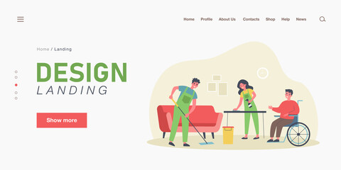 Disabled person in wheelchair using services of cleaning company. Flat vector illustration. People in special uniforms professionally cleaning house. Cleanliness, service, help, disability concept