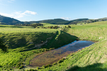 Fototapeta na wymiar Typical New Zealand rolling countryside farm fields from road to hillside.