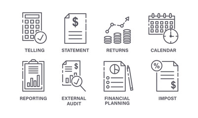Fiscal year icons set. Minimalistic stickers with financial report, audit, profit growth and taxation. Design elements for website and app. Cartoon flat vector collection isolated on white background