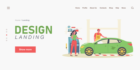 Female driver and broken car at auto service. Woman talking to mechanic, worker examining damaged vehicle flat vector illustration. Car repair concept for banner, website design or landing web page