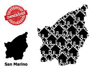 Scratched Ownership stamp seal, and San Marino map mosaic of house icons. Red round stamp seal includes Ownership caption inside it. San Marino map collage is made of house elements.