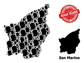 Textured Rogue Trader stamp seal, and San Marino map collage of liar person icons. Red round stamp seal includes Rogue Trader text inside it. - obrazy, fototapety, plakaty