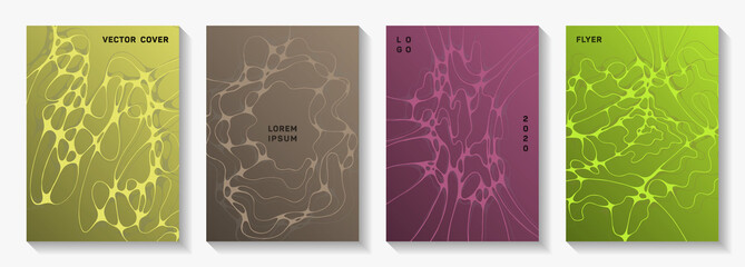 Fashionable dance party flyers. Crossed curve lines connection backgrounds. Creative title page vector templates. Night party posters collection fluid curves graphic design.