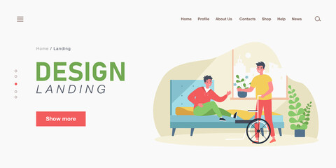 Friend or assistant helping man get on wheelchair from bed. Disabled person in bedroom flat vector illustration. Assistance, disability, friendship concept for banner, website design or landing page