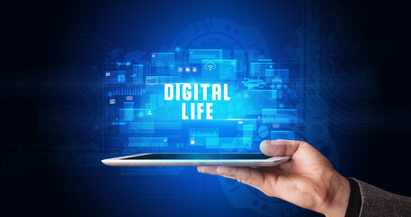 Person holding tablet, security concept