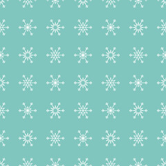 Seamless pattern design background of different types of white snowflakes and with a light turquoise blue background with a minimalist and modern style