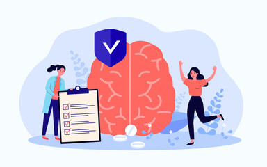 Patient checking brain health by doctor. Tiny female characters standing near checklist, pills and brain flat vector illustration. Psychiatry concept for banner, website design or landing web page