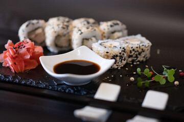 Sushi, sauce, ginger, Chinese sticks