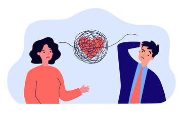 Tangled thread with heart between sad couple in stress. Bad communication of man and woman flat vector illustration. Relationship, love, conflict concept for banner, website design or landing web page