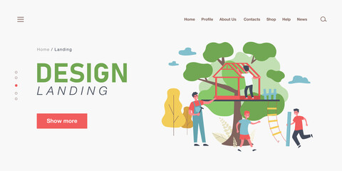 Fototapeta premium Father and kids building treehouse together. Man holding hammer and nail, son carrying wooden plank flat vector illustration. Family, outdoor activity concept for banner, website design, landing page