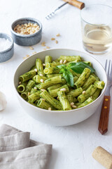 Pasta with pesto sauce. Italian cuisine. Healthy eating. Vegetarian food.