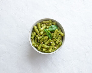 Pasta with pesto sauce. Italian cuisine. Healthy eating. Vegetarian food.