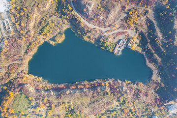 View of the lake in a granite quarry as it looks from above