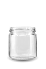 Transparent jar with thread on white background isolate