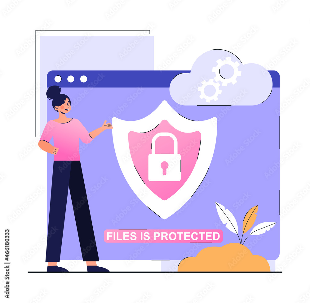 Poster cyber security concept. woman stands next to screen with shield image. files and documents protected