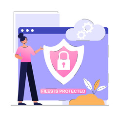 Cyber security concept. Woman stands next to screen with shield image. Files and documents protected from hacker attacks. Password for cloud data storage. Cartoon modern flat vector illustration