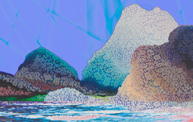 sea abstract drawing islands rocks waves sky lighted