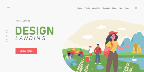 Group of friends on hiking trip in mountains. Happy backpacker near lake with swans flat vector illustration. Camping, outdoor activity, holiday concept for banner, website design or landing web page