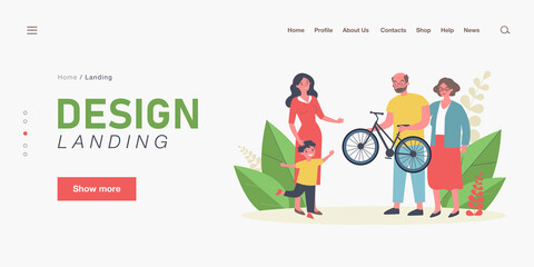 Grandfather and grandmother giving their grandson bicycle. Flat vector illustration. Mom and son rejoicing at gift from older family members. Surprise, gift, birthday, childhood, family concept