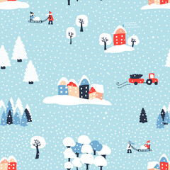 Winter pattern with cozy houses, white trees, snowfall, people and truck. Snow landscape. Vector background. Ideal for design of fabric, cards, wrapping paper for Merry Christmas, Happy New year