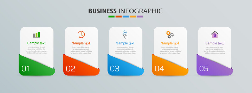 Business infographic template with 5 options, steps, process chart. Can be used for workflow layout, diagram, annual report, web design