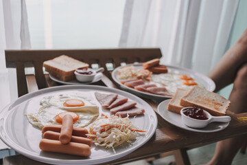 Hotel American breakfast set served in the room in the morning.