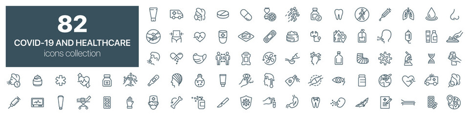 COVID-19 and healthcare line icons collection. Vector illustration eps10