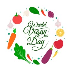 typography vector, World vegan day, with vegetable and fruit frame.