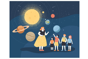 School teacher and kids studying astronomy in planetarium. Woman and children standing near hologram map with planets of solar system flat vector illustration. Educational trip, science concept