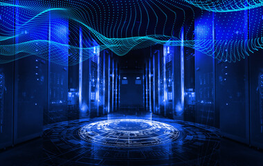 3D render Connection network in servers data center room storage systems modern server room symmetry ranks supercomputers light