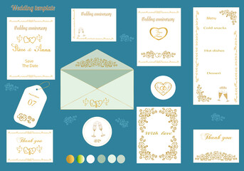 Naklejka premium Beautiful delicate invitations for weddings, set of cards with floral ornaments. Texts with gold letters. Digital graphic illustration 