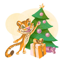 Tiger cub decorates the Christmas tree.
