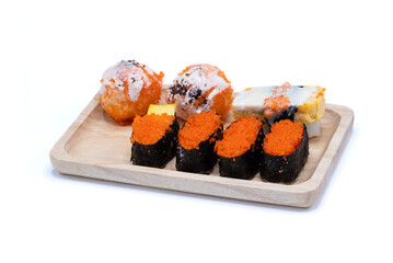 On a white background, seven sushi rolls are arranged on a wooden tray.