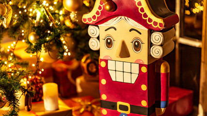 Wooden festive toy nutcracker on the background of a Christmas tree, gifts, lights, candles. Christmas and New Year interior decoration. Cozy Christmas atmosphere