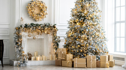 Christmas and New Year interior in light classic style. White room with Xmas Tree decorated, flashing garland, balls, fireplace and gifts. Bright New Year celebration décor. Winter Holiday Background