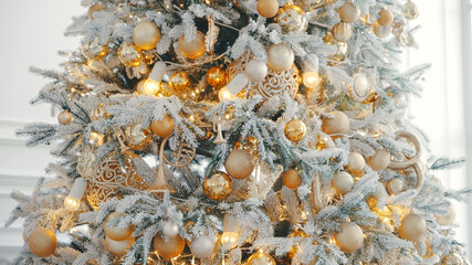 Christmas and New Year interior in light classic style. White room with Xmas Tree decorated, flashing garland, golden balls. Bright New Year celebration décor. Winter Holiday Background