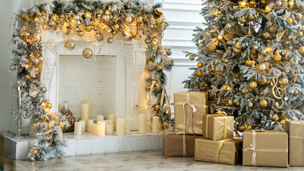 Christmas and New Year interior in light classic style. White room with Xmas Tree decorated, flashing garland, balls, fireplace and gifts. Bright New Year celebration décor. Winter Holiday Background
