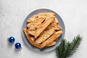 Biscotti with nuts. Delicious cantucci cookies. Cantuccini. Traditional italian homemade Christmas New Year dry crispy biscuits.