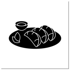 Chicken dumplings glyph icon. Chinese meat stuffed streamed, boiled or deep fried dough buns plate with sauce.Tasty Asian home cooking recipes.Filled flat sign. Isolated silhouette vector illustration