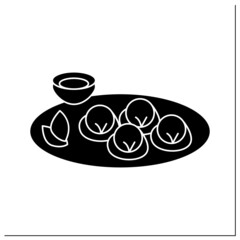 Vegetarian dumplings glyph icon. Chinese vegetable streamed or deep fried buns plate with sour or spice sauce.Popular Asian vegan recipes.Filled flat sign. Isolated silhouette vector illustration