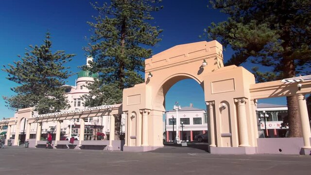 Aerial: The Colonnade and Plaza and sound shell, Marine Parade, Napier, New Zealand
