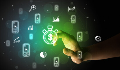 Businessman finger touching on screen multimedia interface with hand drawn currency icons