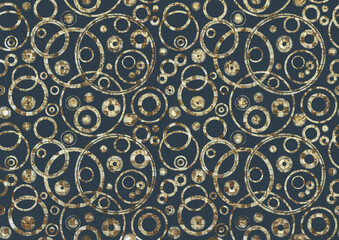 Abstract seamless pattern - overlapping circles. Golden glitter with pattern of squares on blue fabric texture. Digital art, A3.