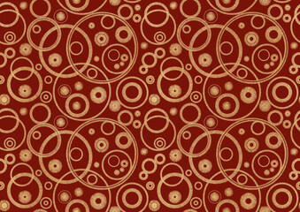 Abstract seamless pattern - overlapping circles. Golden glitter on red fabric texture. Digital art, A3.